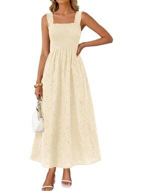 Women's Beige Boho Sleeveless Square Neck Cotton Flowy Long Maxi Dress